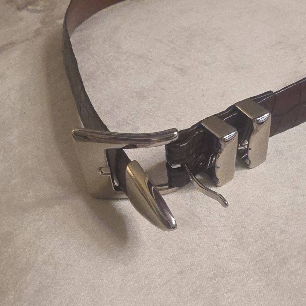 Paul Fredrick Embossed Italian Calfskin Two-Tone Leather Belt Size 36 - Picture 3 of 13